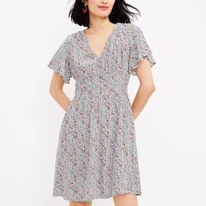 LOFT Floral Flutter V-Neck Dress - Red, Blue, White